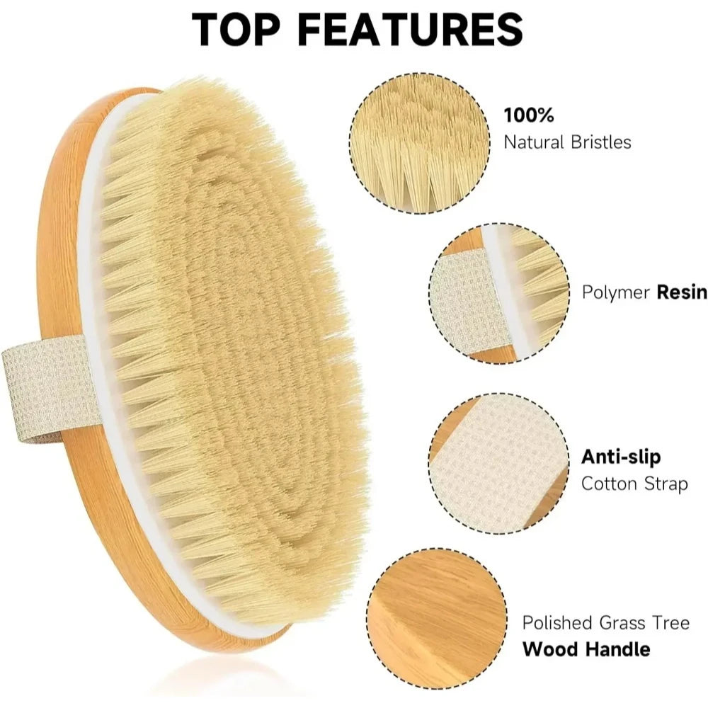Natural Bristle Dry Body Brush Exfoliates Skin Promotes Circulation
