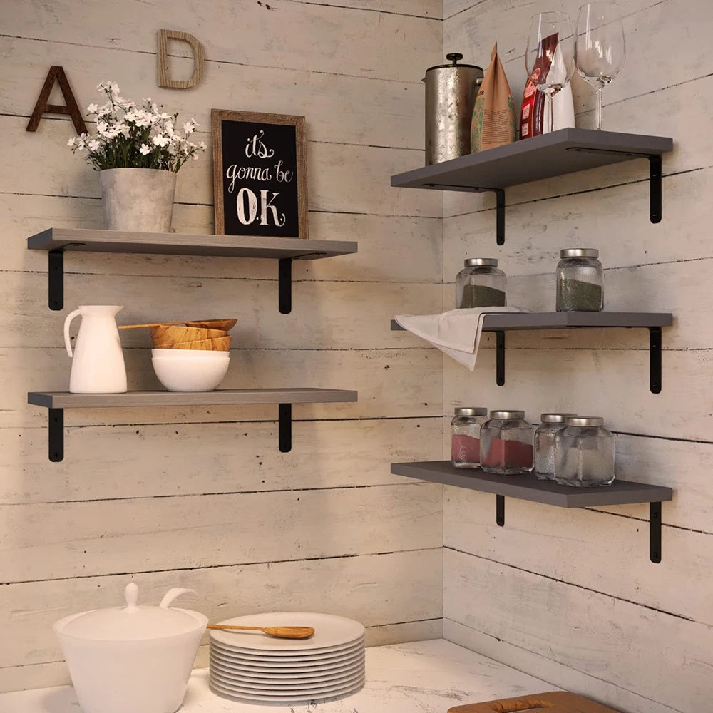 Set Of Rustic Wooden Floating Wall Shelves With Guardrail