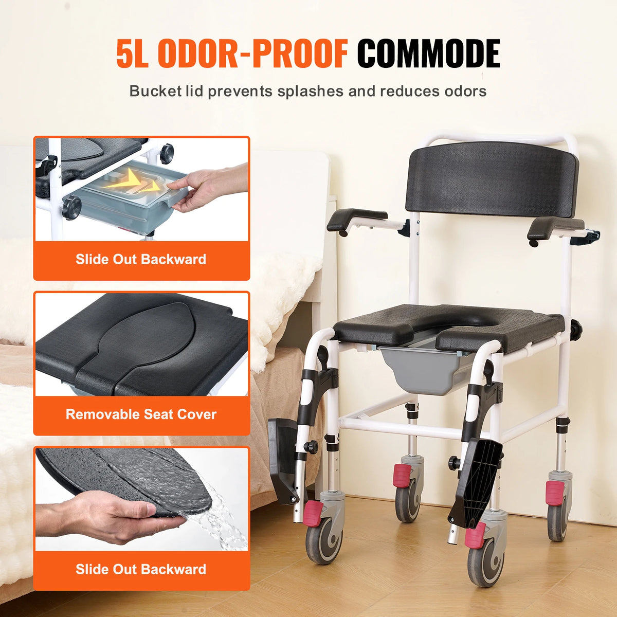 Aluminum Shower Commode Wheelchair with Adjustable Height Removable Bucket