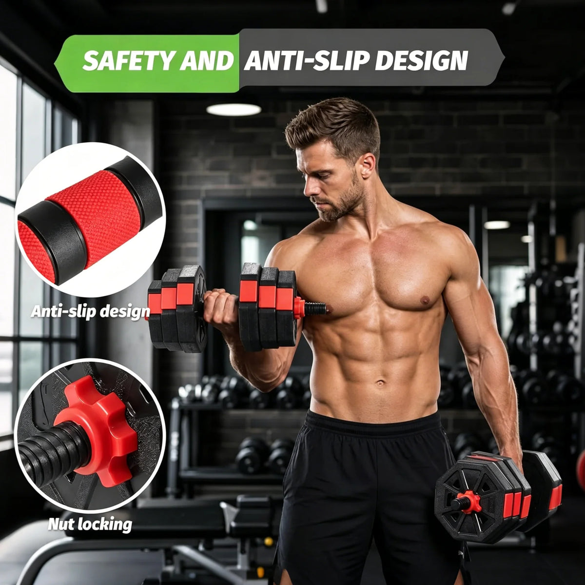 Rubber Coated Adjustable Dumbbell Set With Convertible Barbell Design