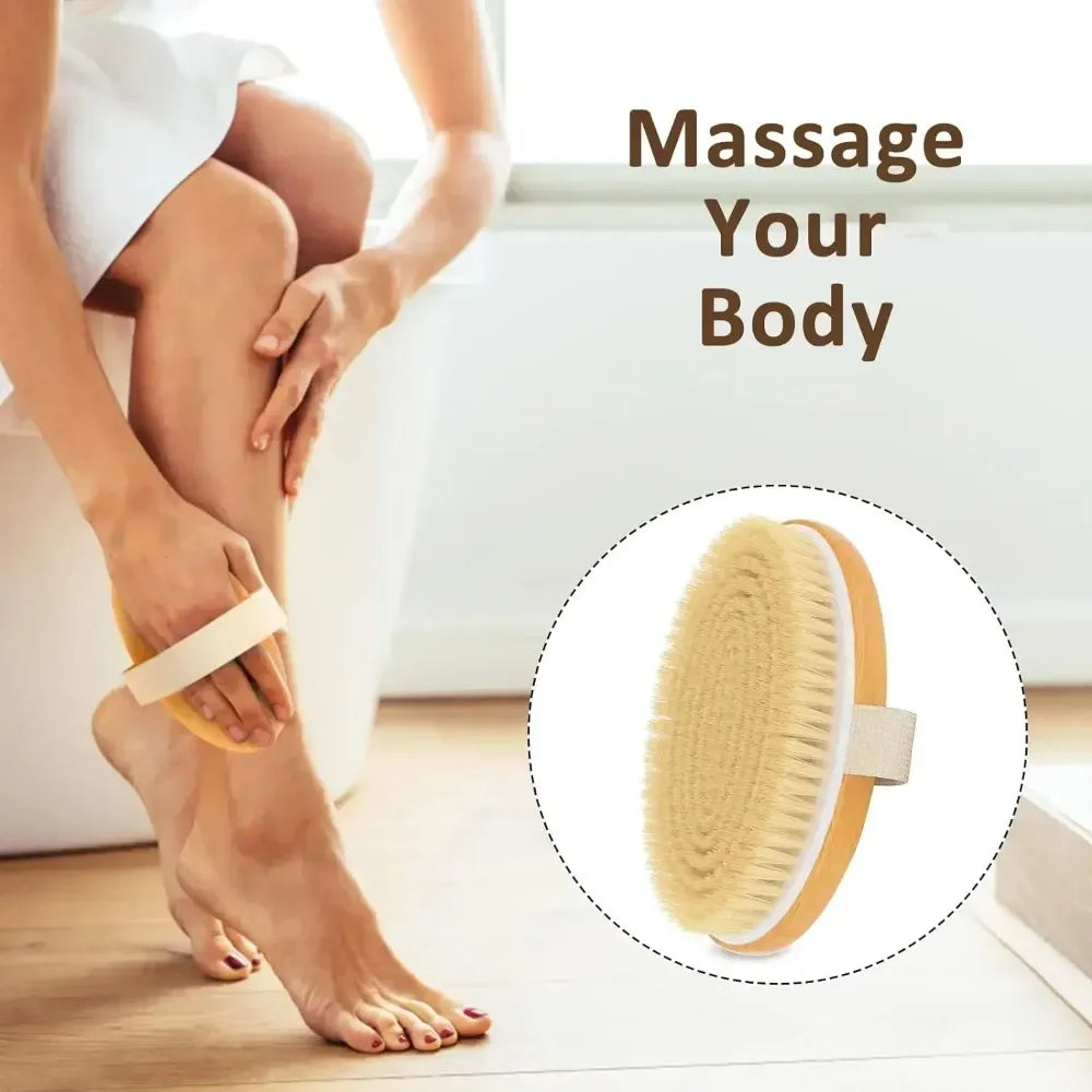 Natural Bristle Dry Body Brush Exfoliates Skin Promotes Circulation