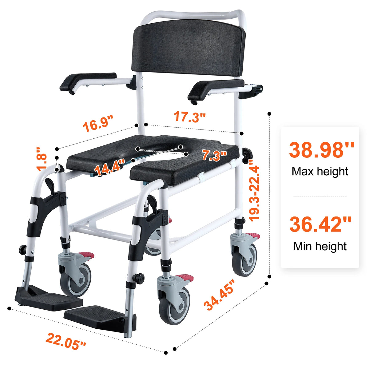 Aluminum Shower Commode Wheelchair with Adjustable Height Removable Bucket