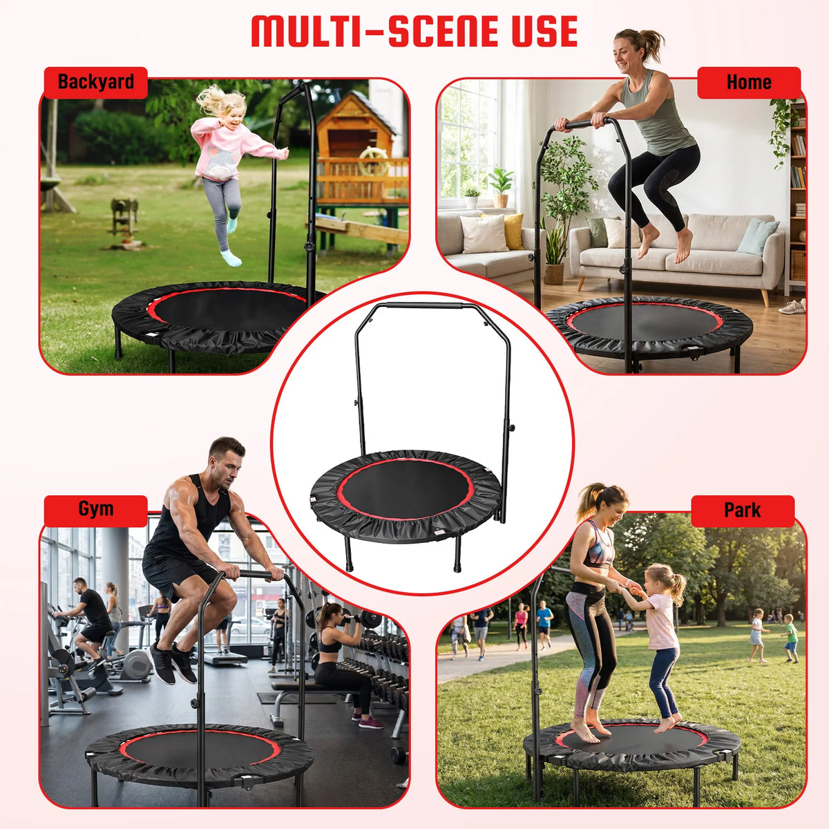 Premium Folding Rebounder Trampoline With Handlebar For Fitness Workout