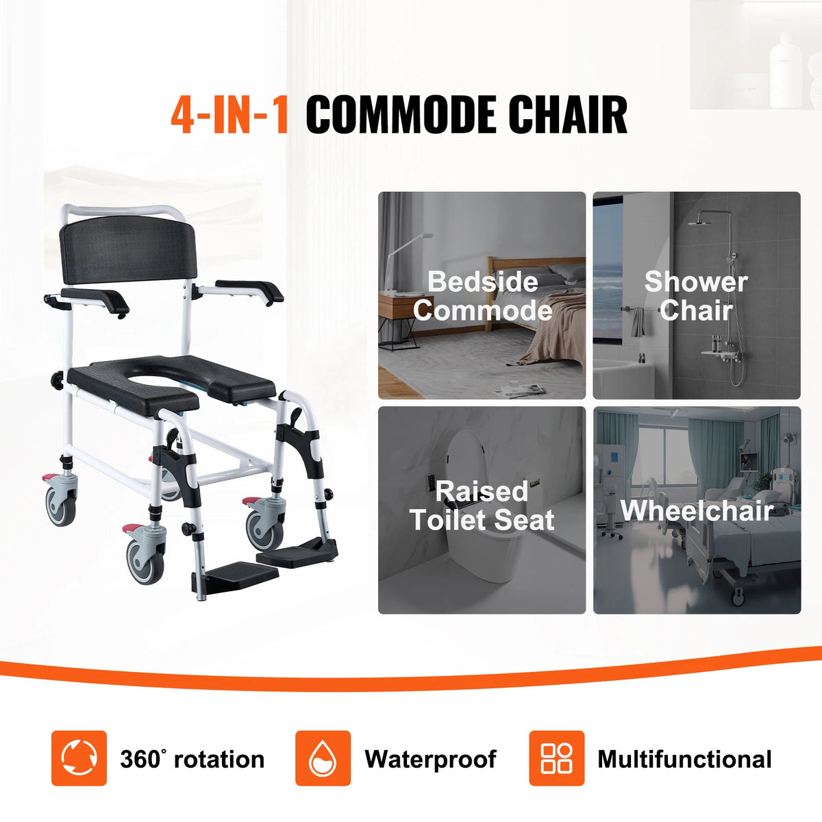 Aluminum Shower Commode Wheelchair with Adjustable Height Removable Bucket