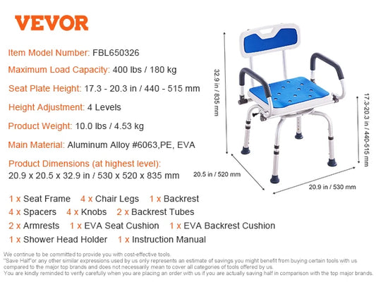 SucceBuy Swivel Shower Chair With Armrest And Backrest For Bathtub