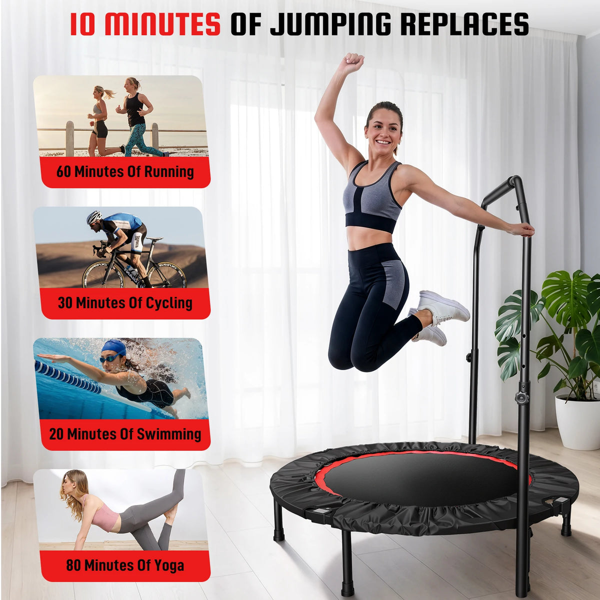 Premium Folding Rebounder Trampoline With Handlebar For Fitness Workout