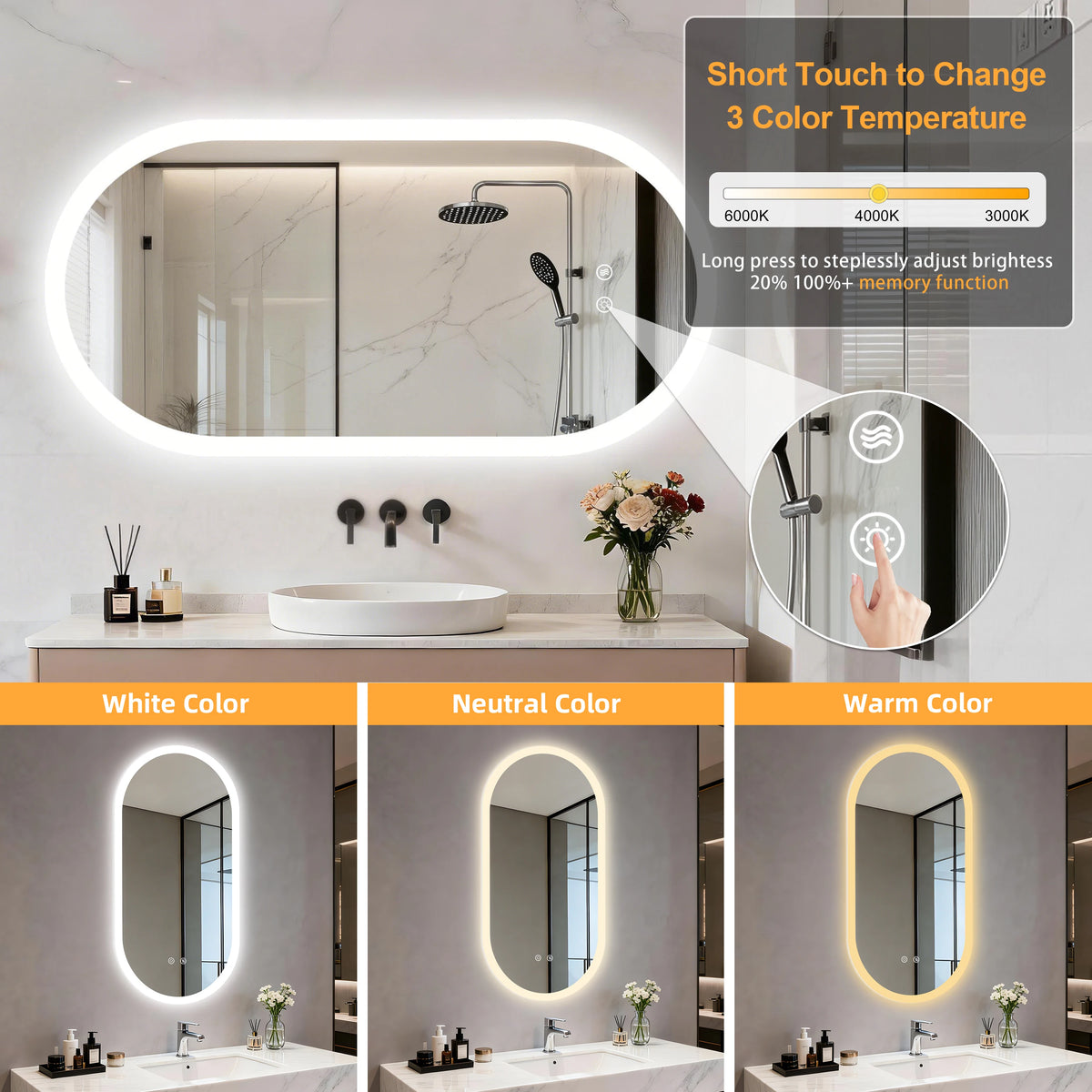 Borwart Smart Led Bathroom Mirror Oval Anti Fog Dimmable Frameless