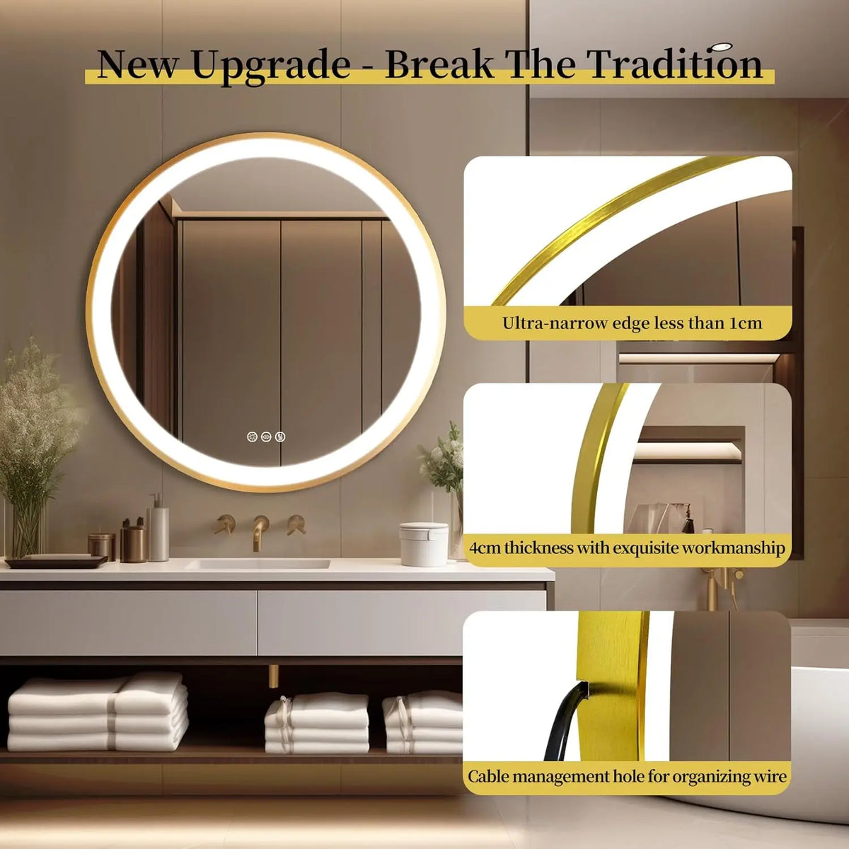 Borwart Round LED Bathroom Mirror Aluminum Frame Antifog