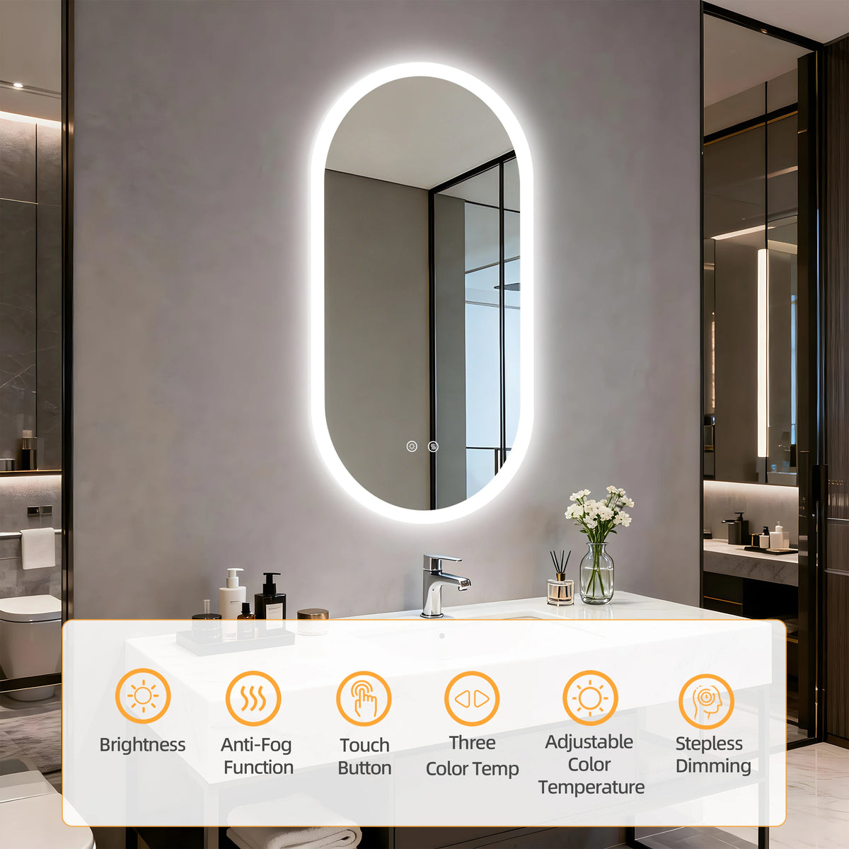 Borwart Smart Led Bathroom Mirror Oval Anti Fog Dimmable Frameless