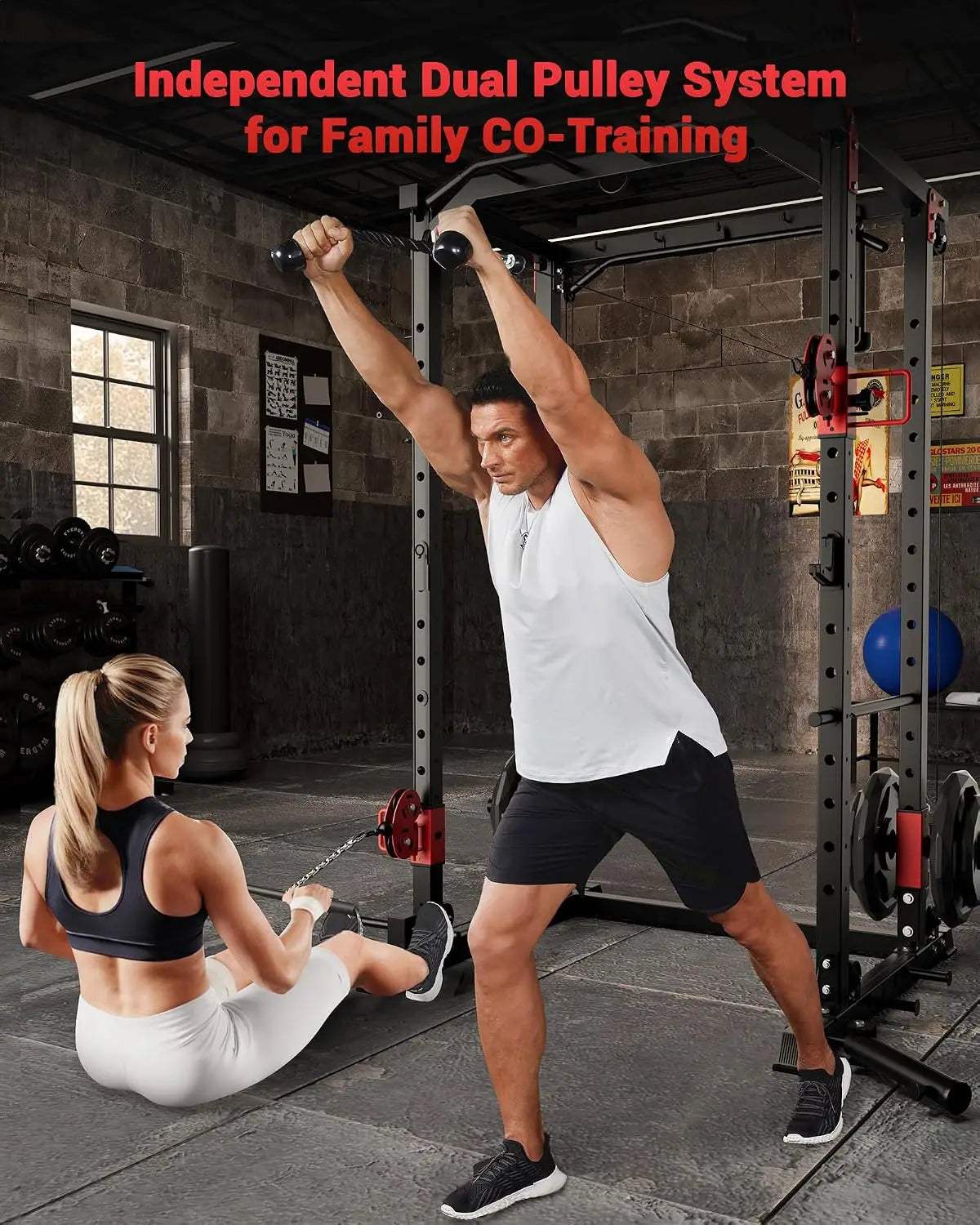 Tacleekii Multifunctional Power Rack With Dual Pulley System