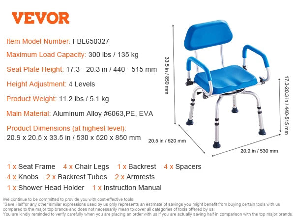 SucceBuy Swivel Shower Chair With Armrest And Backrest For Bathtub