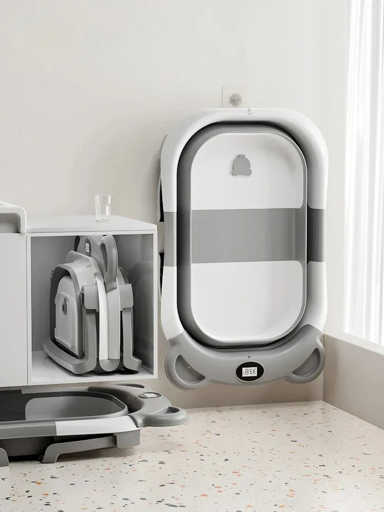 Collapsible Baby Bathtub Portable Travel With Thermometer And Soft Cushion