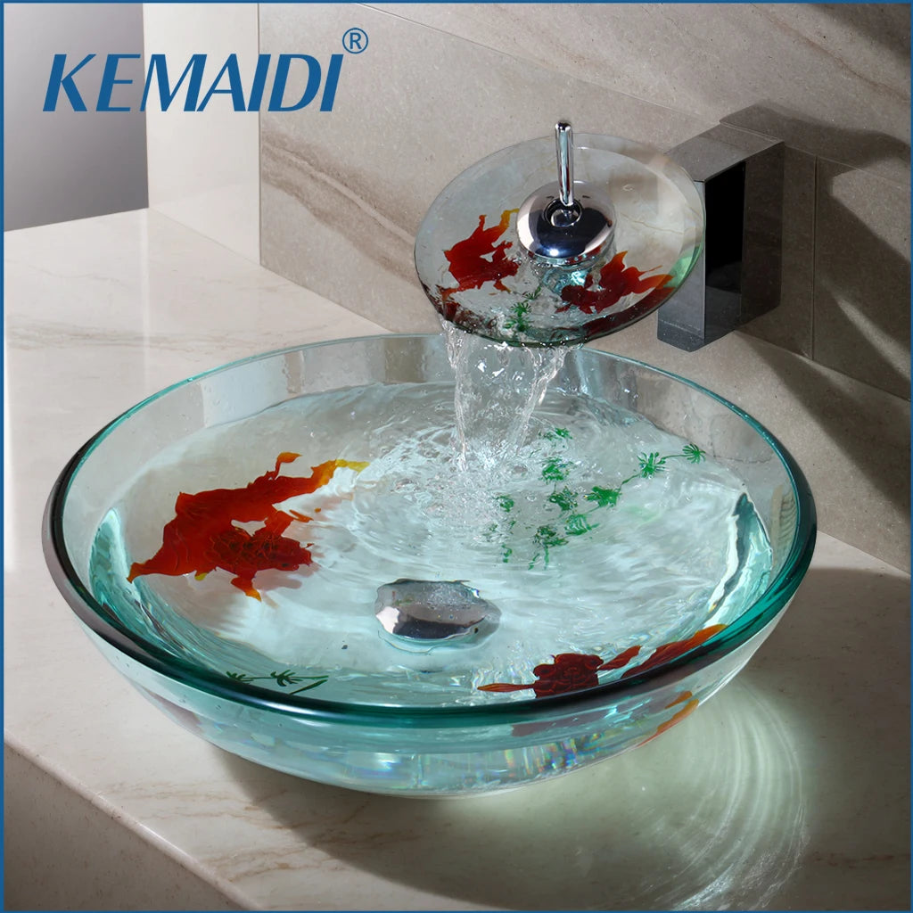 Kemaidi Tempered Glass Vessel Sink With Waterfall Faucet Set