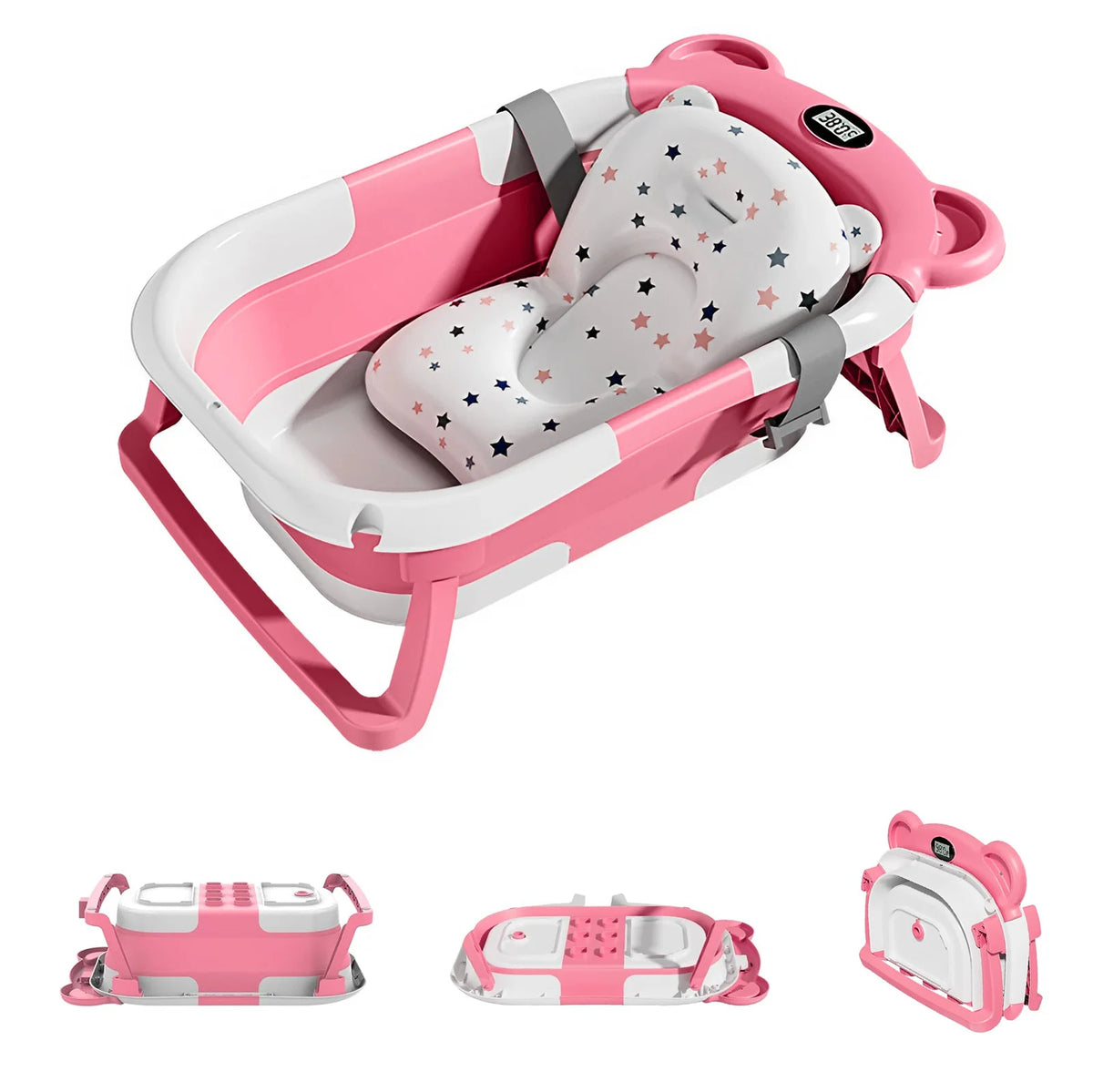 Collapsible Portable Baby Bathtub With Thermometer And Floating Cushion