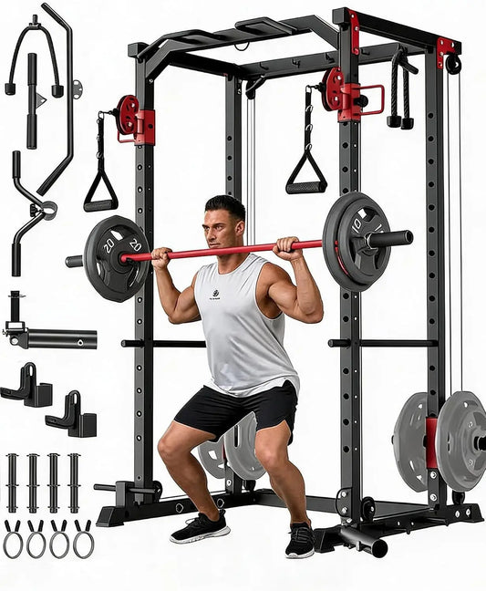 Tacleekii Multifunctional Power Rack With Dual Pulley System