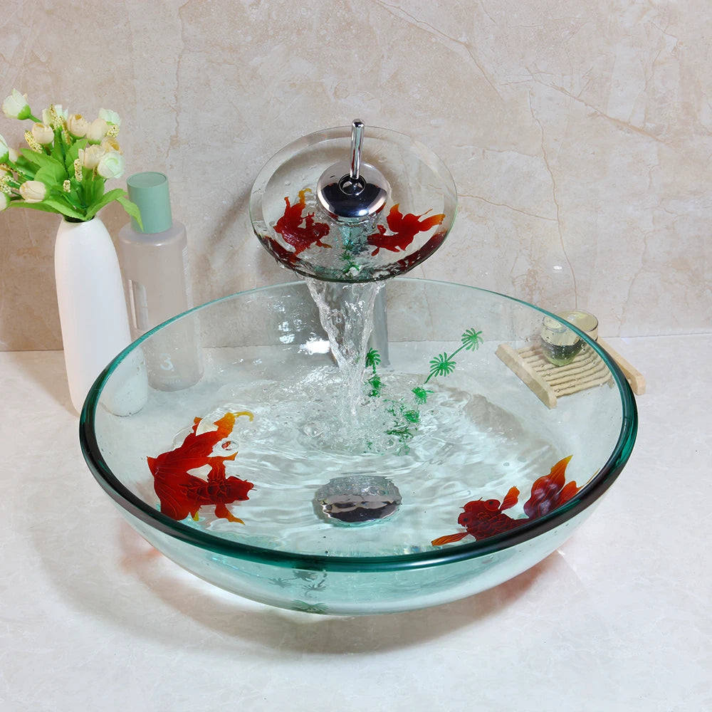 Kemaidi Tempered Glass Vessel Sink With Waterfall Faucet Set