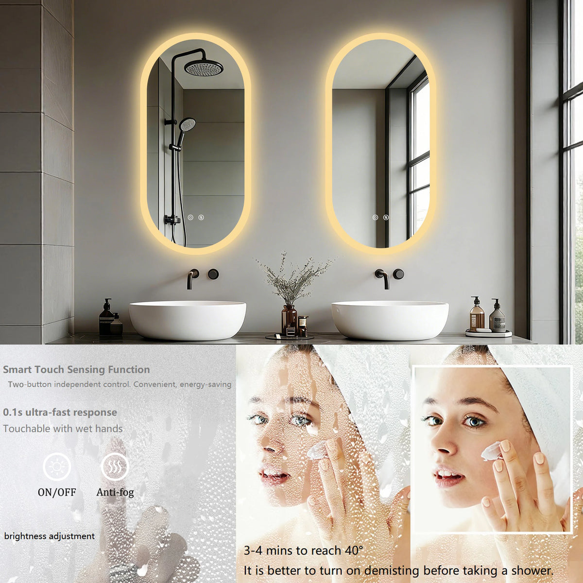 Borwart Smart Led Bathroom Mirror Oval Anti Fog Dimmable Frameless