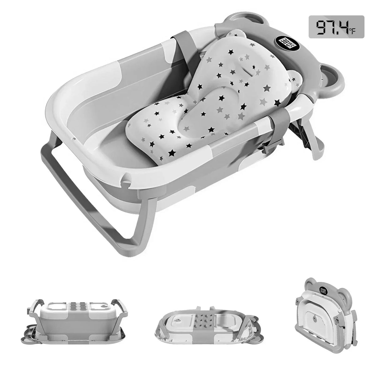Collapsible Baby Bathtub Portable Travel With Thermometer And Soft Cushion