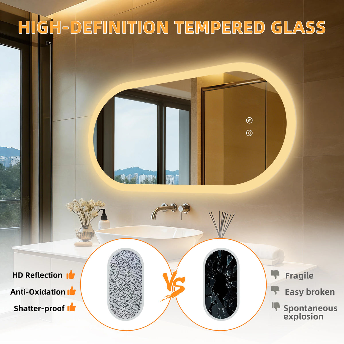 Borwart Smart Led Bathroom Mirror Oval Anti Fog Dimmable Frameless