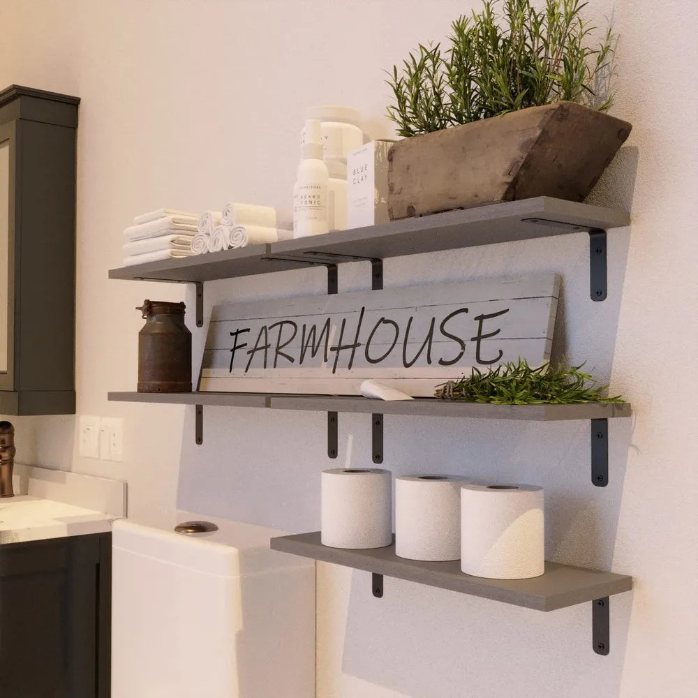 Set Of Rustic Wooden Floating Wall Shelves With Guardrail