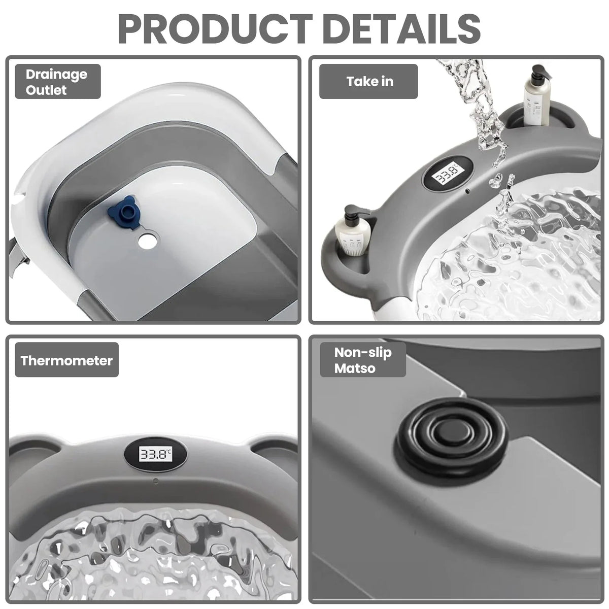 Collapsible Baby Bathtub Portable Travel With Thermometer And Soft Cushion