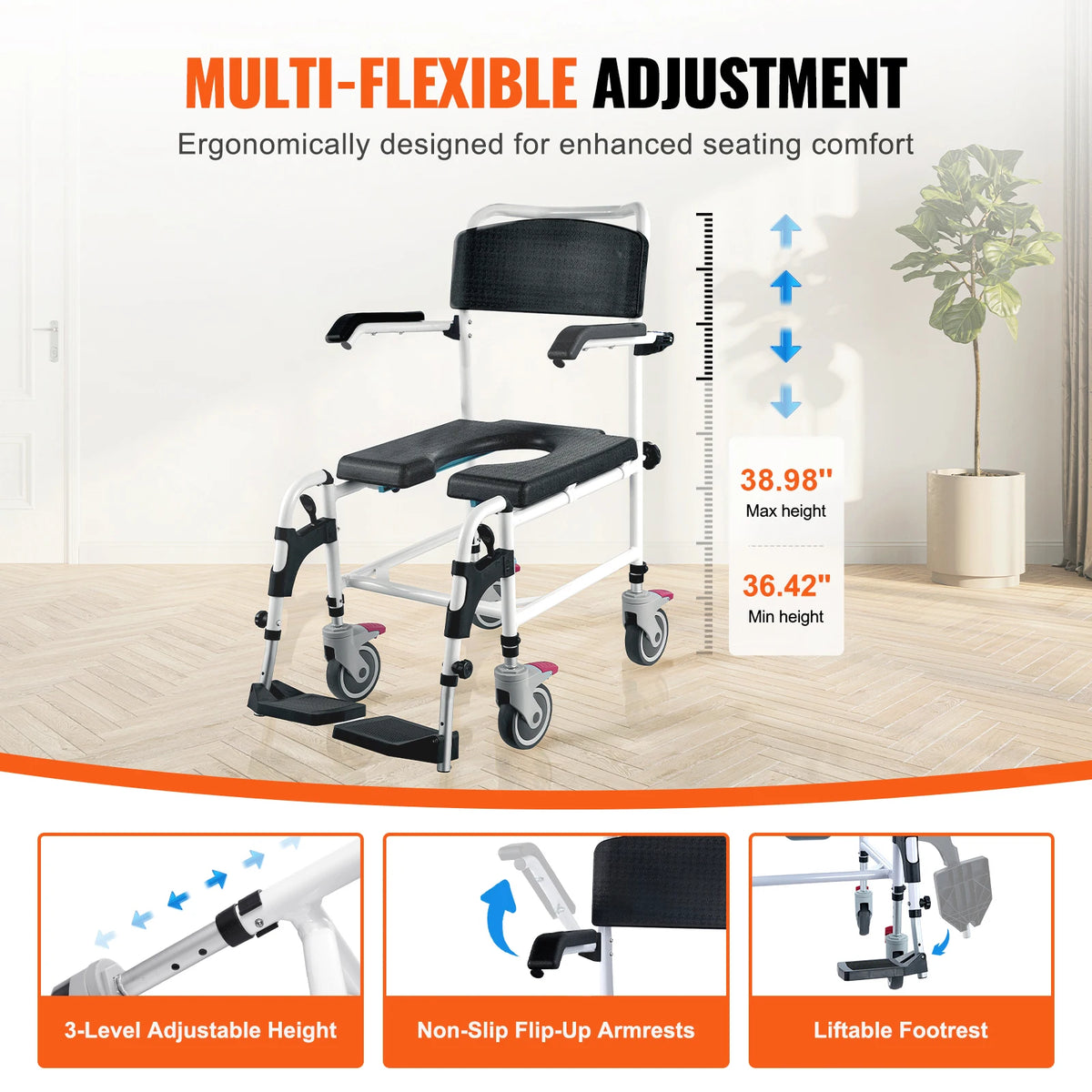 Aluminum Shower Commode Wheelchair with Adjustable Height Removable Bucket