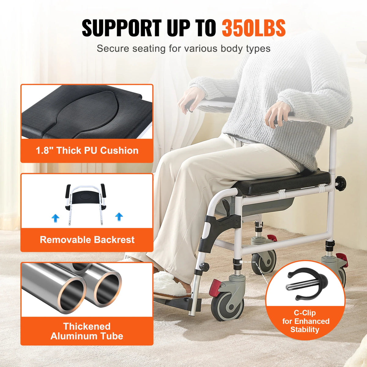 Aluminum Shower Commode Wheelchair with Adjustable Height Removable Bucket
