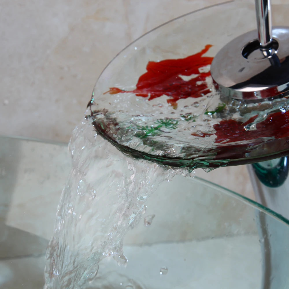 Kemaidi Tempered Glass Vessel Sink With Waterfall Faucet Set