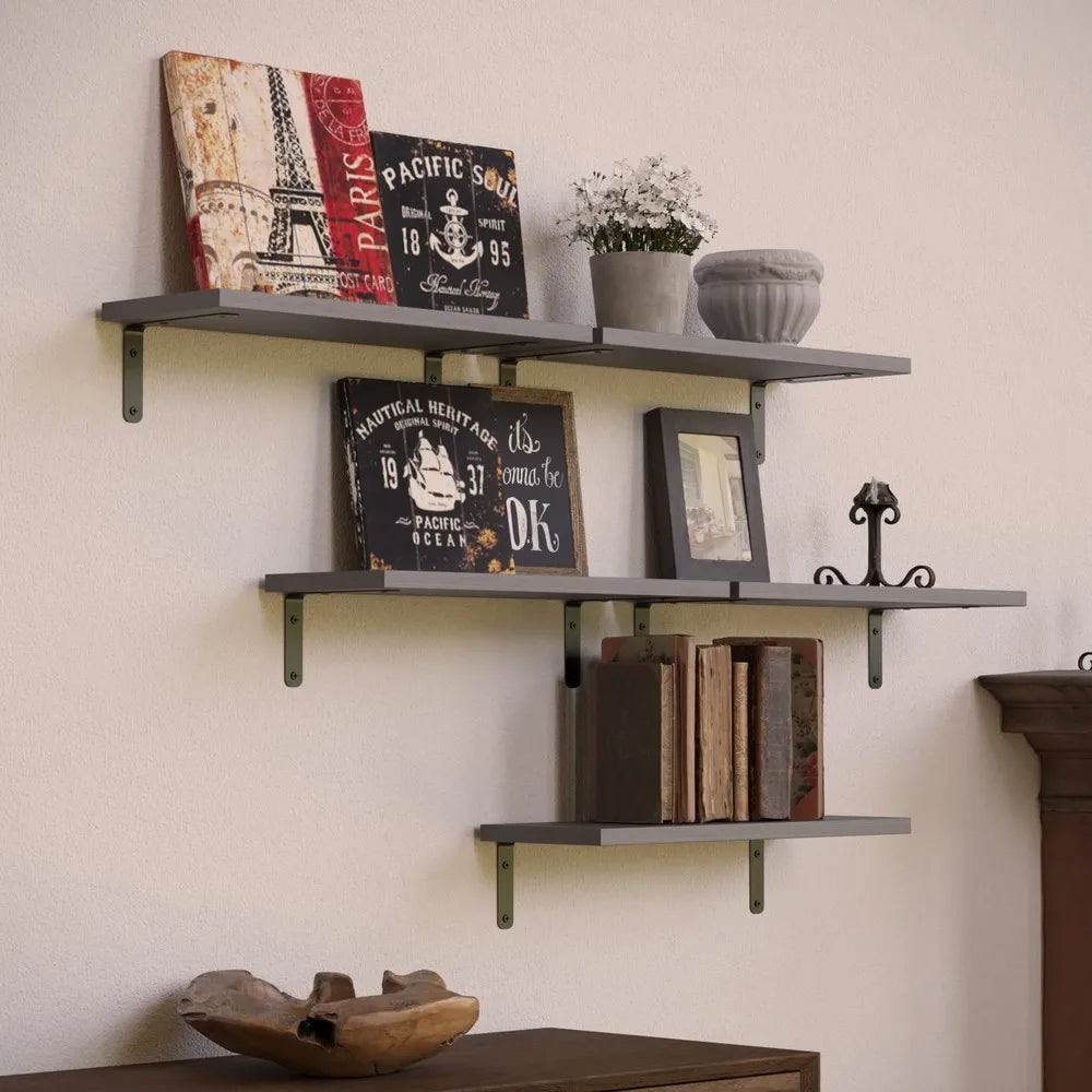 Set Of Rustic Wooden Floating Wall Shelves With Guardrail
