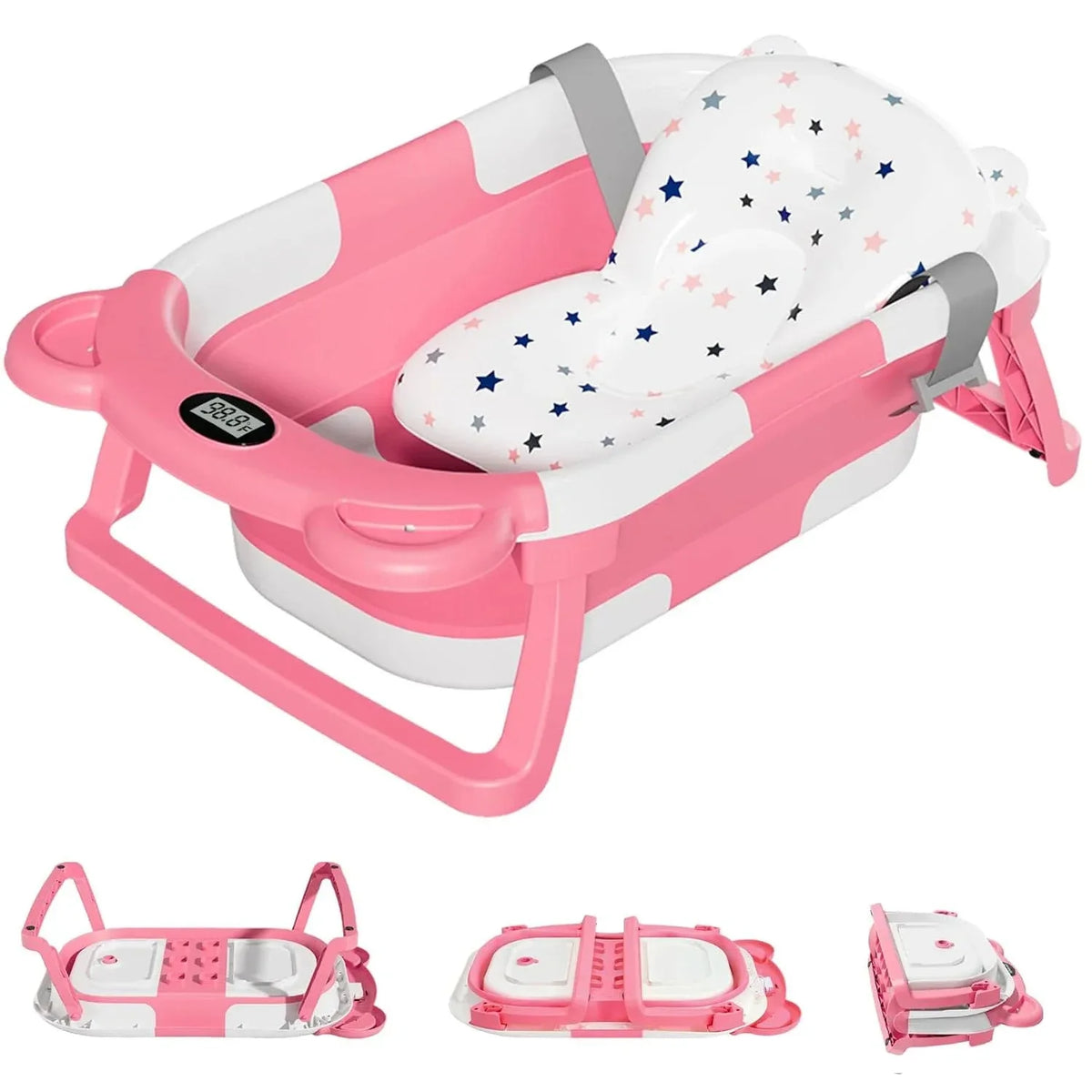 Collapsible Baby Bathtub Portable Travel With Thermometer And Soft Cushion