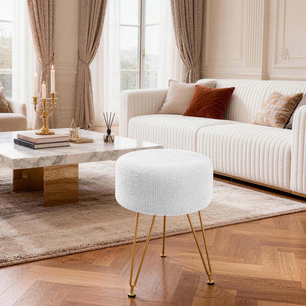 JHK Round Ottoman Velvet Footrest Chair Living Room Vanity Stool