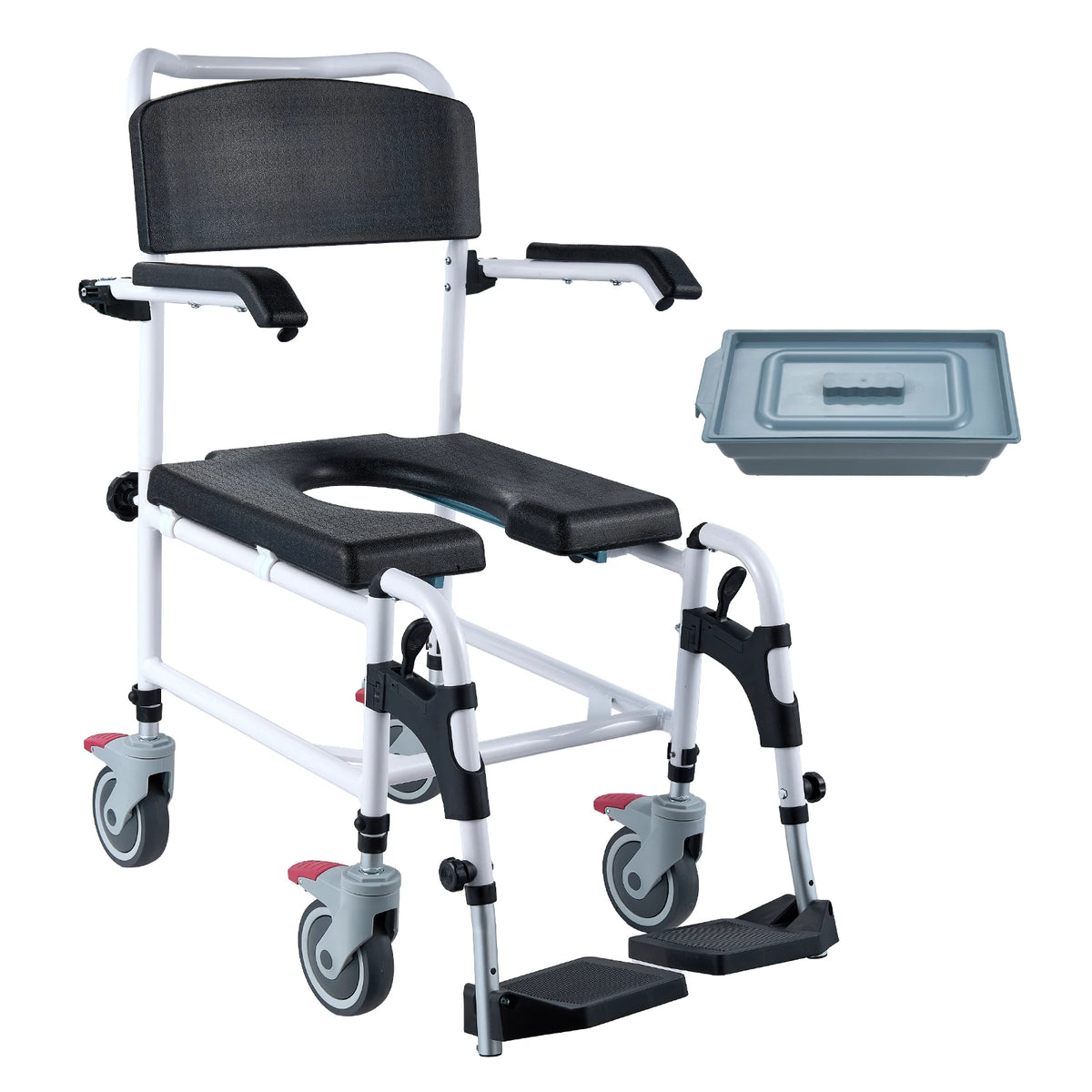 Aluminum Shower Commode Wheelchair with Adjustable Height Removable Bucket