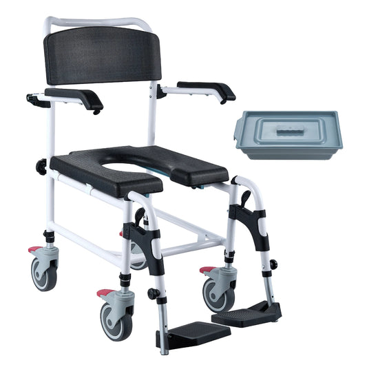 Aluminum Shower Commode Wheelchair with Adjustable Height Removable Bucket
